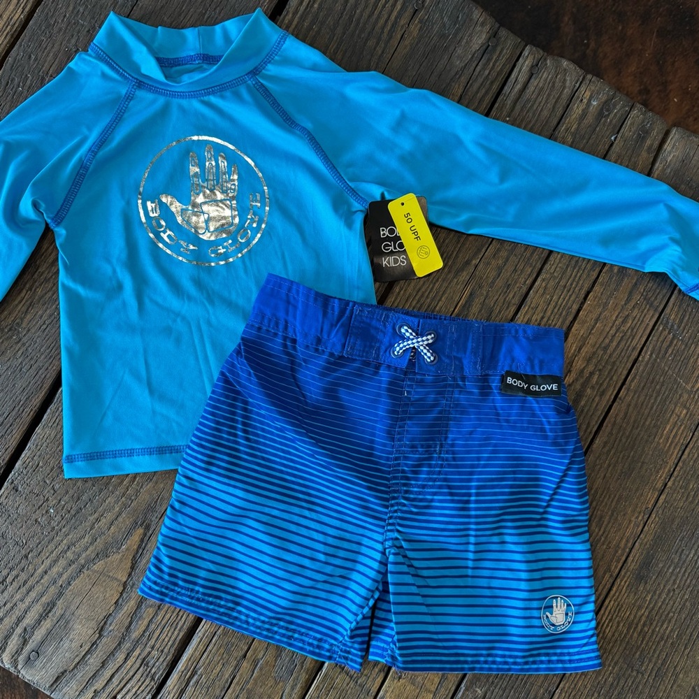 Body Glove NWT Boys Blue Swim Trunk Shorts & Long Sleeve SPF Shirt Set Size 4 - Picture 1 of 9